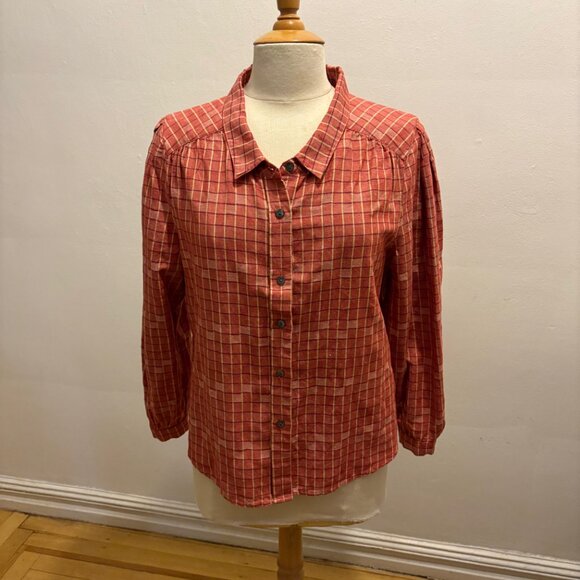 NWOT Poetry Checked Blouse in linen & cotton in  Coral Red - Picture 3 of 10